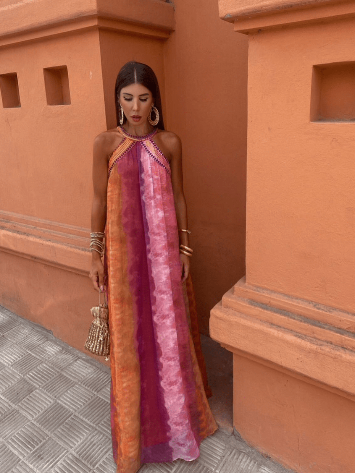 Tie-Dye Maxikleid mit amerikanischem Ausschnitt